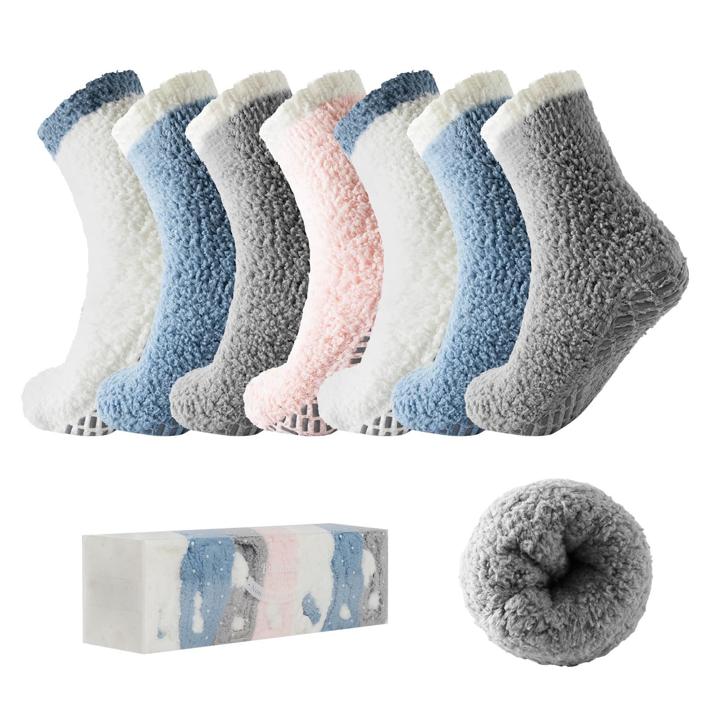 Bulinlulu Fuzzy Socks with Grips Plush Sleep Cozy Winter Soft Hospital Fluffy Socks Gifts for Womens Mens Gifts