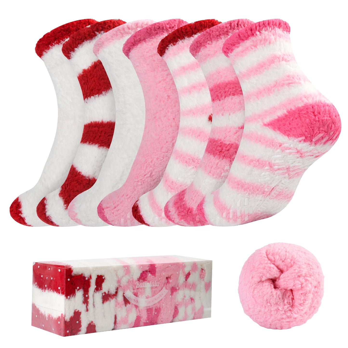 Bulinlulu Fuzzy Socks with Grips Plush Sleep Cozy Winter Soft Hospital Fluffy Socks Gifts for Womens Mens Gifts