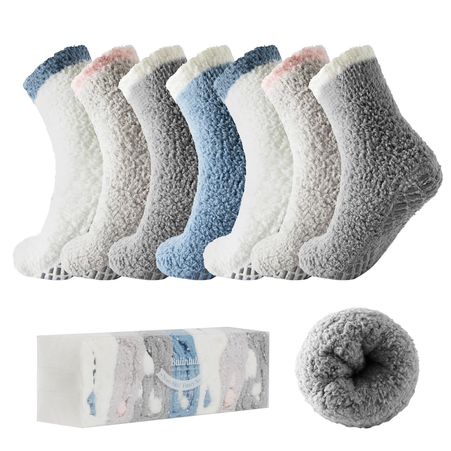 Bulinlulu Fuzzy Socks with Grips Plush Sleep Cozy Winter Soft Hospital Fluffy Socks Gifts for Womens Mens Gifts