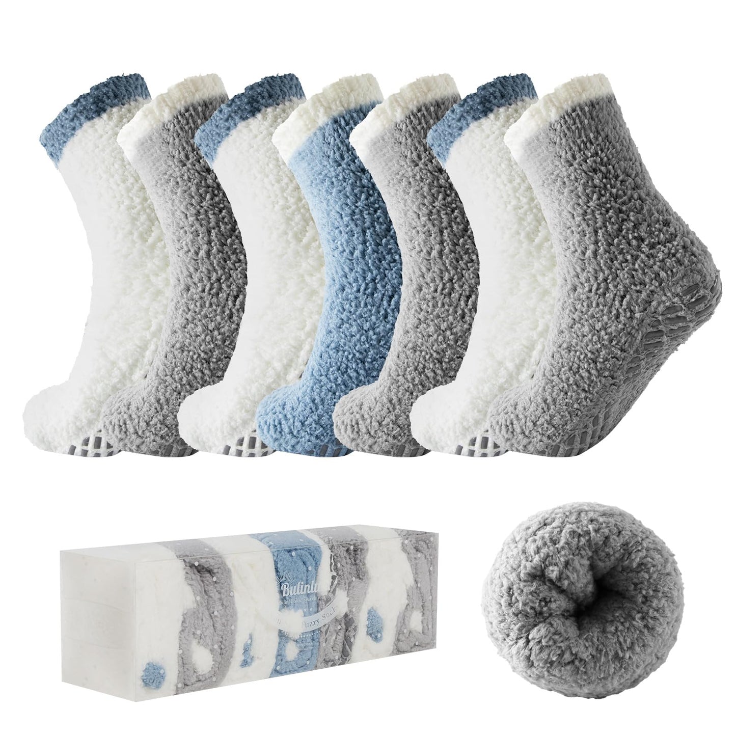 Bulinlulu Fuzzy Socks with Grips Plush Sleep Cozy Winter Soft Hospital Fluffy Socks Gifts for Womens Mens Gifts