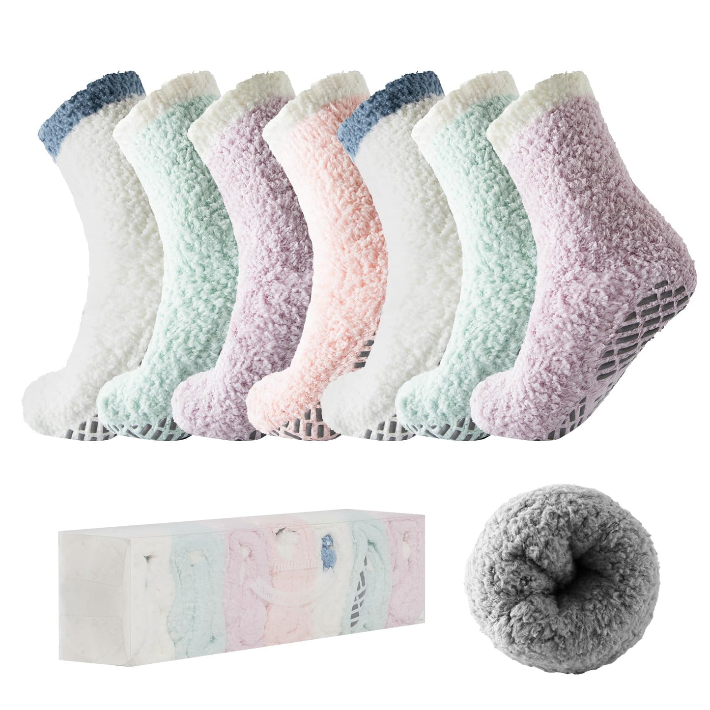 Bulinlulu Fuzzy Socks with Grips Plush Sleep Cozy Winter Soft Hospital Fluffy Socks Gifts for Womens Mens Gifts