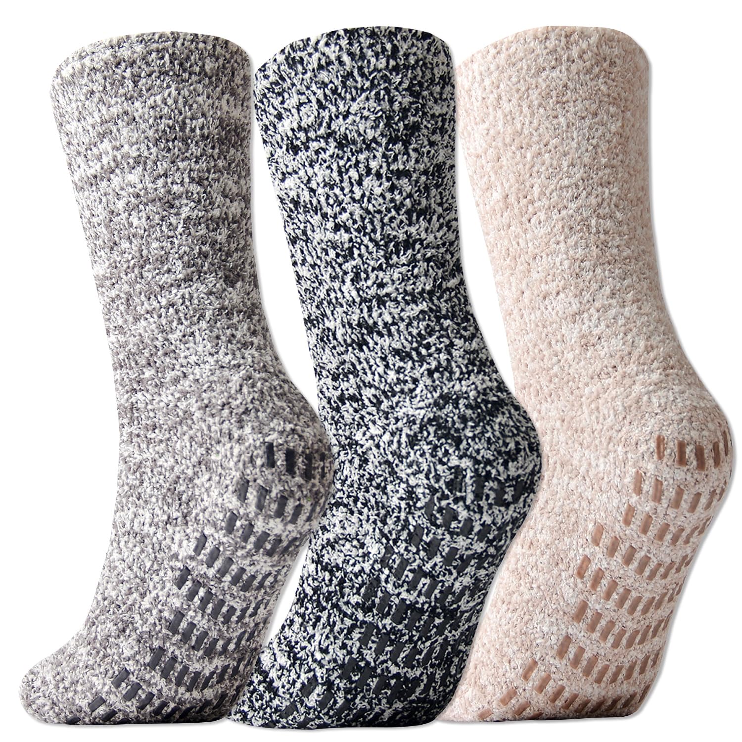 JORMATT 3 Pairs Ultra Thick Grip Fuzzy Socks Non Skid Slipper Hospital Socks Unisex