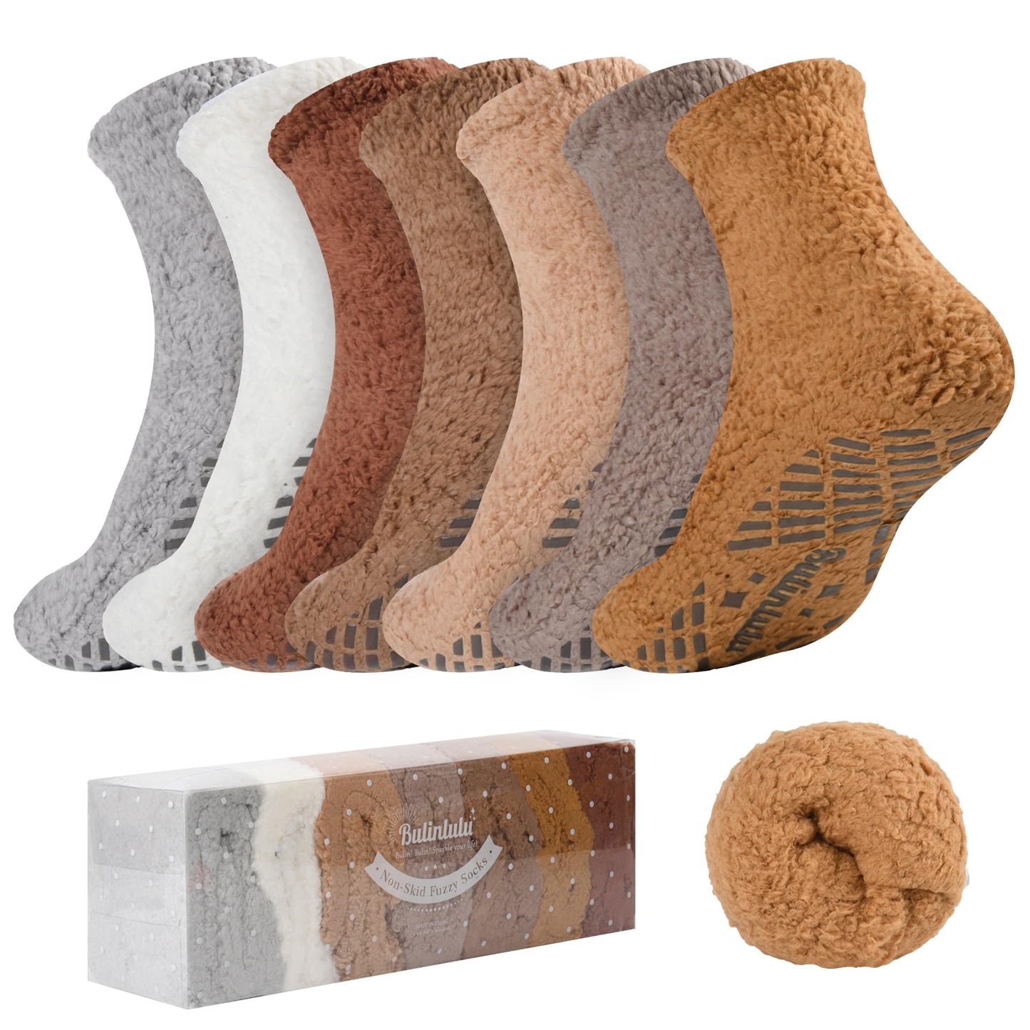 Bulinlulu Fuzzy Socks with Grips Plush Sleep Cozy Winter Soft Hospital Fluffy Socks Gifts for Womens Mens Gifts