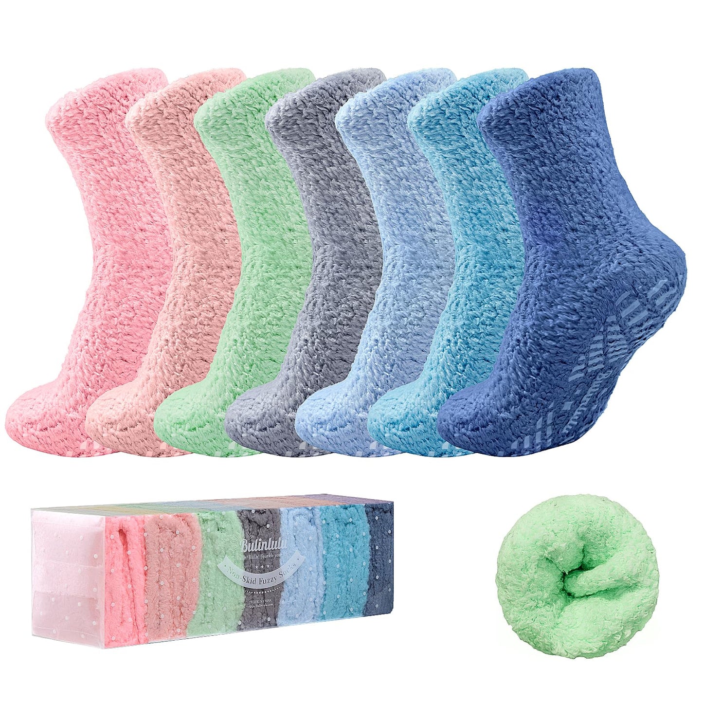 Bulinlulu Fuzzy Socks with Grips Plush Sleep Cozy Winter Soft Hospital Fluffy Socks Gifts for Womens Mens Gifts