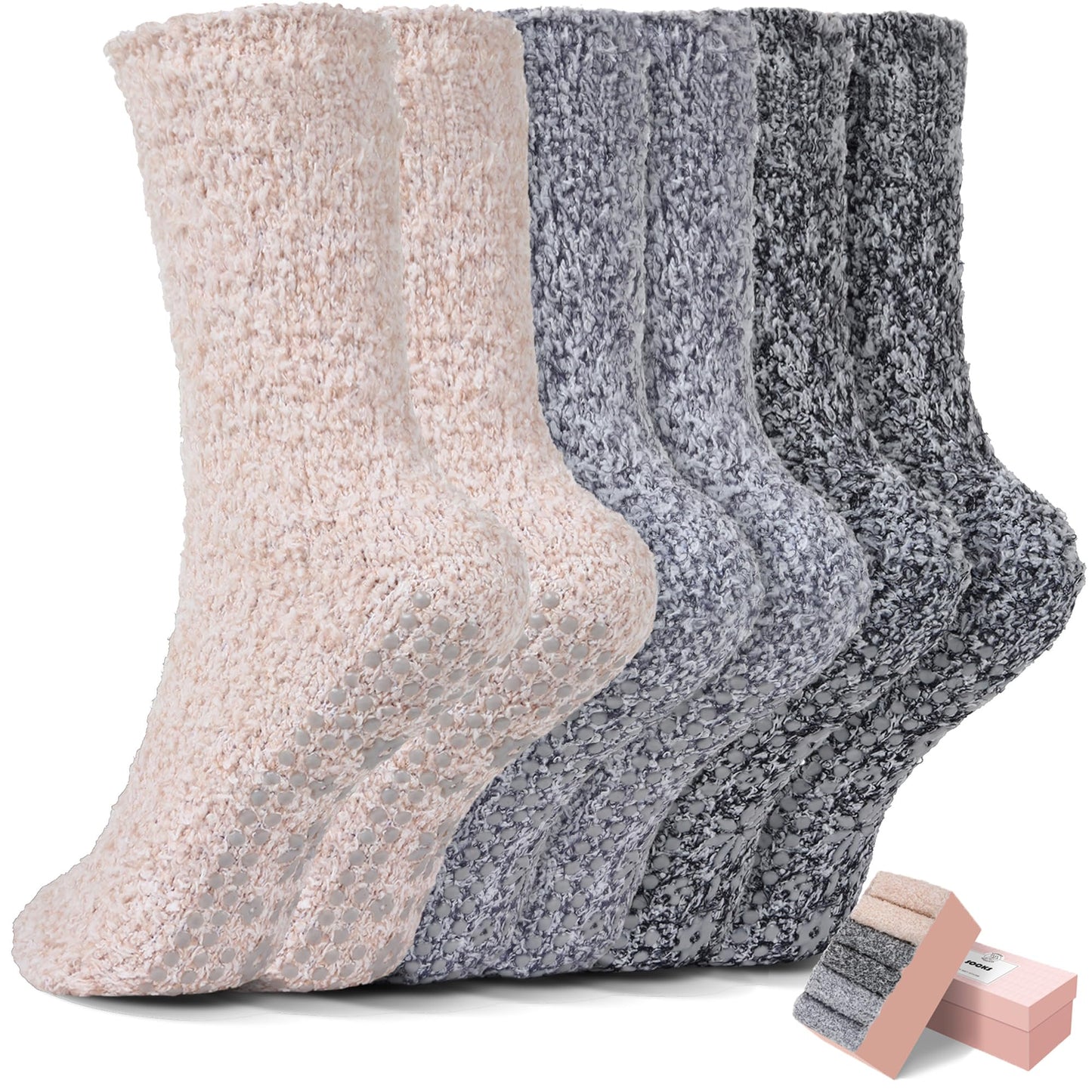 HUGSWEET 6 Pairs Thick Fuzzy Socks with Grip Cozy Non Slip Hospital Socks Home Fluffy Warm Slipper Socks Gifts for Women