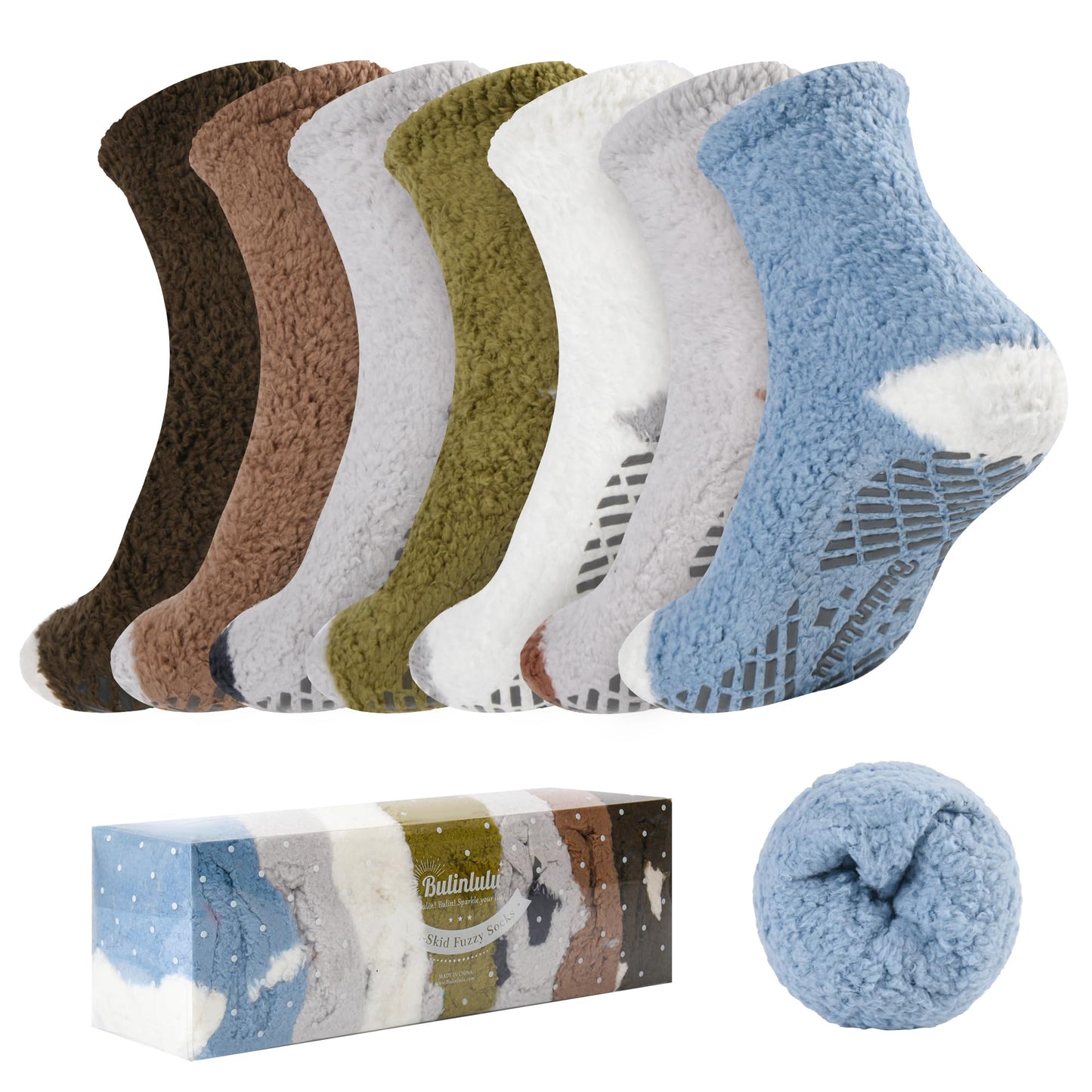 Bulinlulu Fuzzy Socks with Grips Plush Sleep Cozy Winter Soft Hospital Fluffy Socks Gifts for Womens Mens Gifts