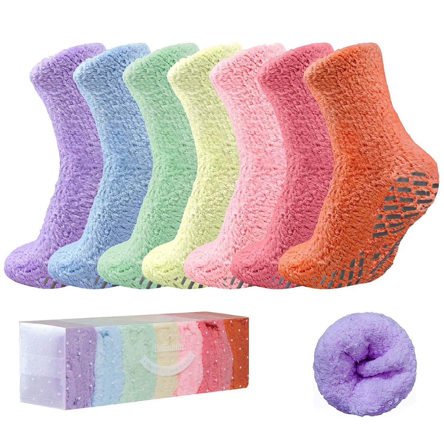 Bulinlulu Fuzzy Socks with Grips Plush Sleep Cozy Winter Soft Hospital Fluffy Socks Gifts for Womens Mens Gifts