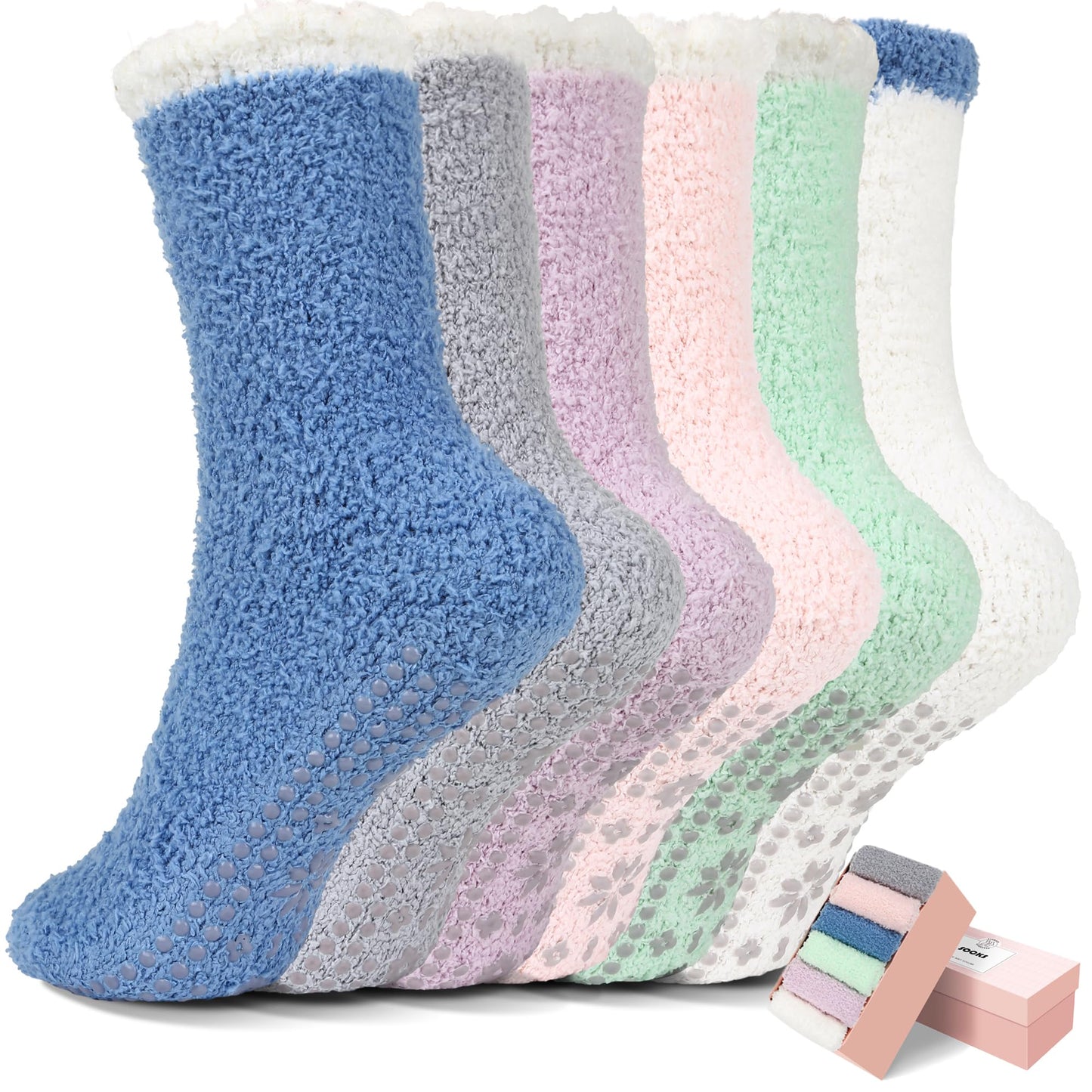 HUGSWEET 6 Pairs Thick Fuzzy Socks with Grip Cozy Non Slip Hospital Socks Home Fluffy Warm Slipper Socks Gifts for Women