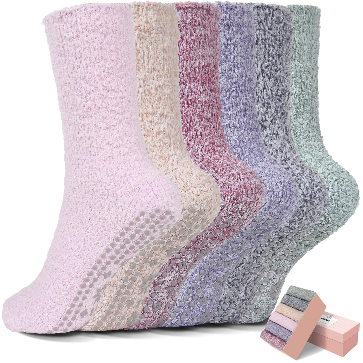 HUGSWEET 6 Pairs Thick Fuzzy Socks with Grip Cozy Non Slip Hospital Socks Home Fluffy Warm Slipper Socks Gifts for Women