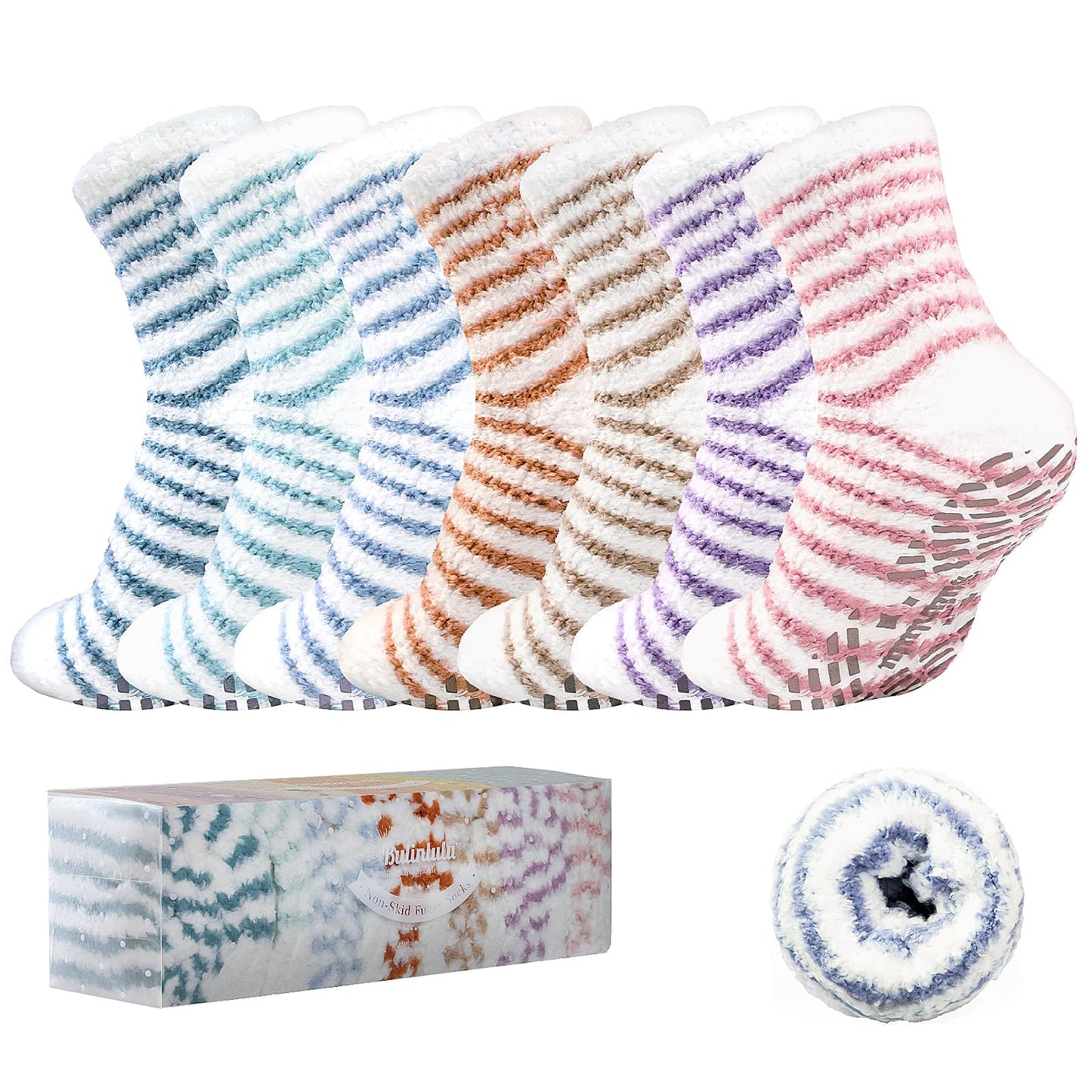Bulinlulu Fuzzy Socks with Grips Plush Sleep Cozy Winter Soft Hospital Fluffy Socks Gifts for Womens Mens Gifts