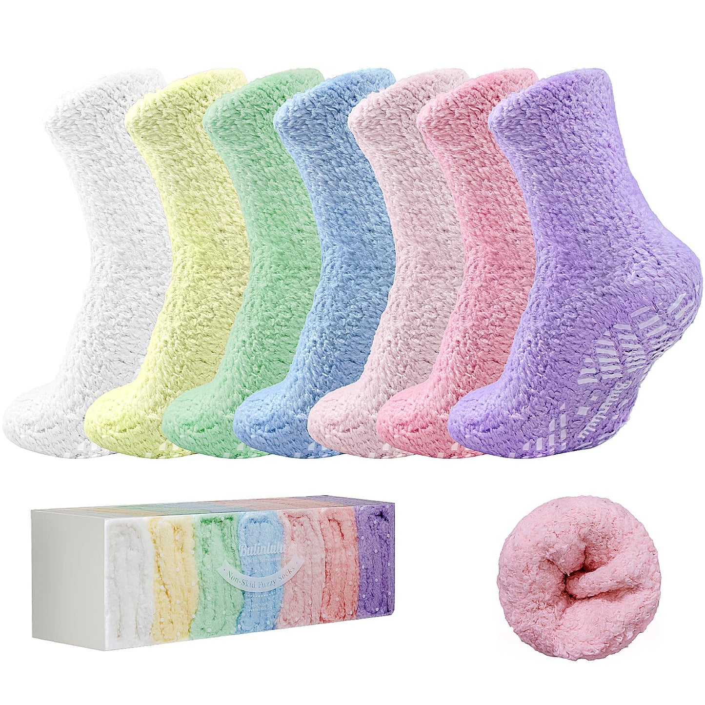 Bulinlulu Fuzzy Socks with Grips Plush Sleep Cozy Winter Soft Hospital Fluffy Socks Gifts for Womens Mens Gifts
