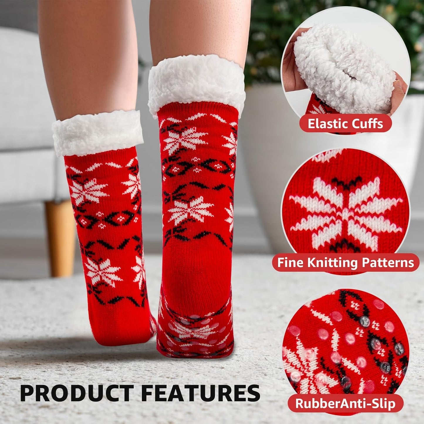 3 Pairs Christmas Fuzzy Warm Slipper Socks for Women,Soft Sherpa Fleece Lining Socks with Grippers Non Slip,One Size