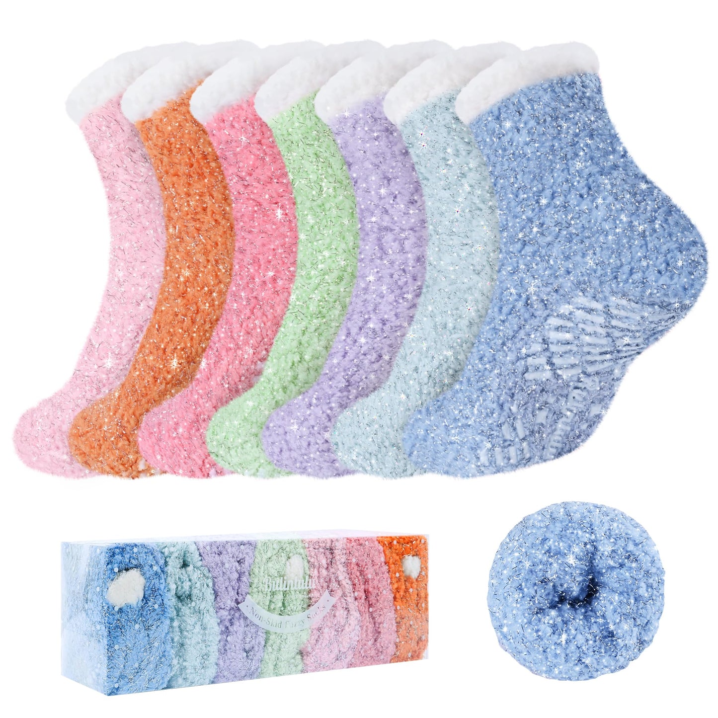 Bulinlulu Fuzzy Socks with Grips Plush Sleep Cozy Winter Soft Hospital Fluffy Socks Gifts for Womens Mens Gifts