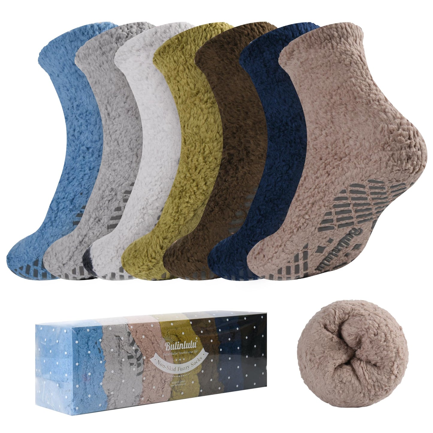 Bulinlulu Fuzzy Socks with Grips Plush Sleep Cozy Winter Soft Hospital Fluffy Socks Gifts for Womens Mens Gifts