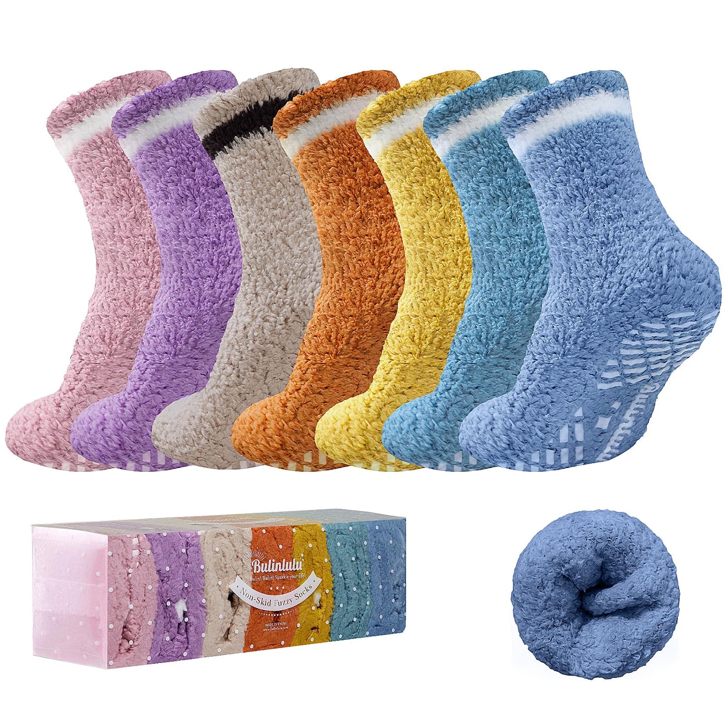 Bulinlulu Fuzzy Socks with Grips Plush Sleep Cozy Winter Soft Hospital Fluffy Socks Gifts for Womens Mens Gifts