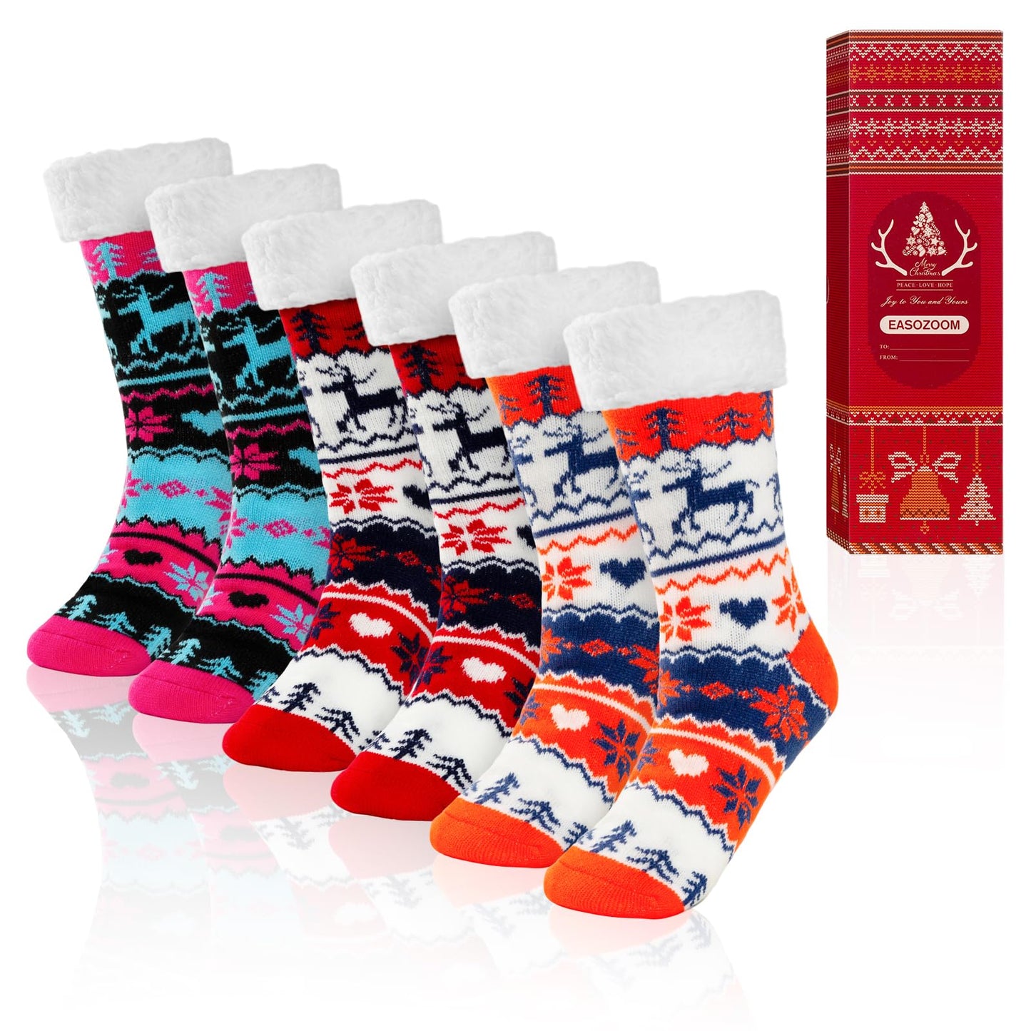 3 Pairs Christmas Fuzzy Warm Slipper Socks for Women,Soft Sherpa Fleece Lining Socks with Grippers Non Slip,One Size