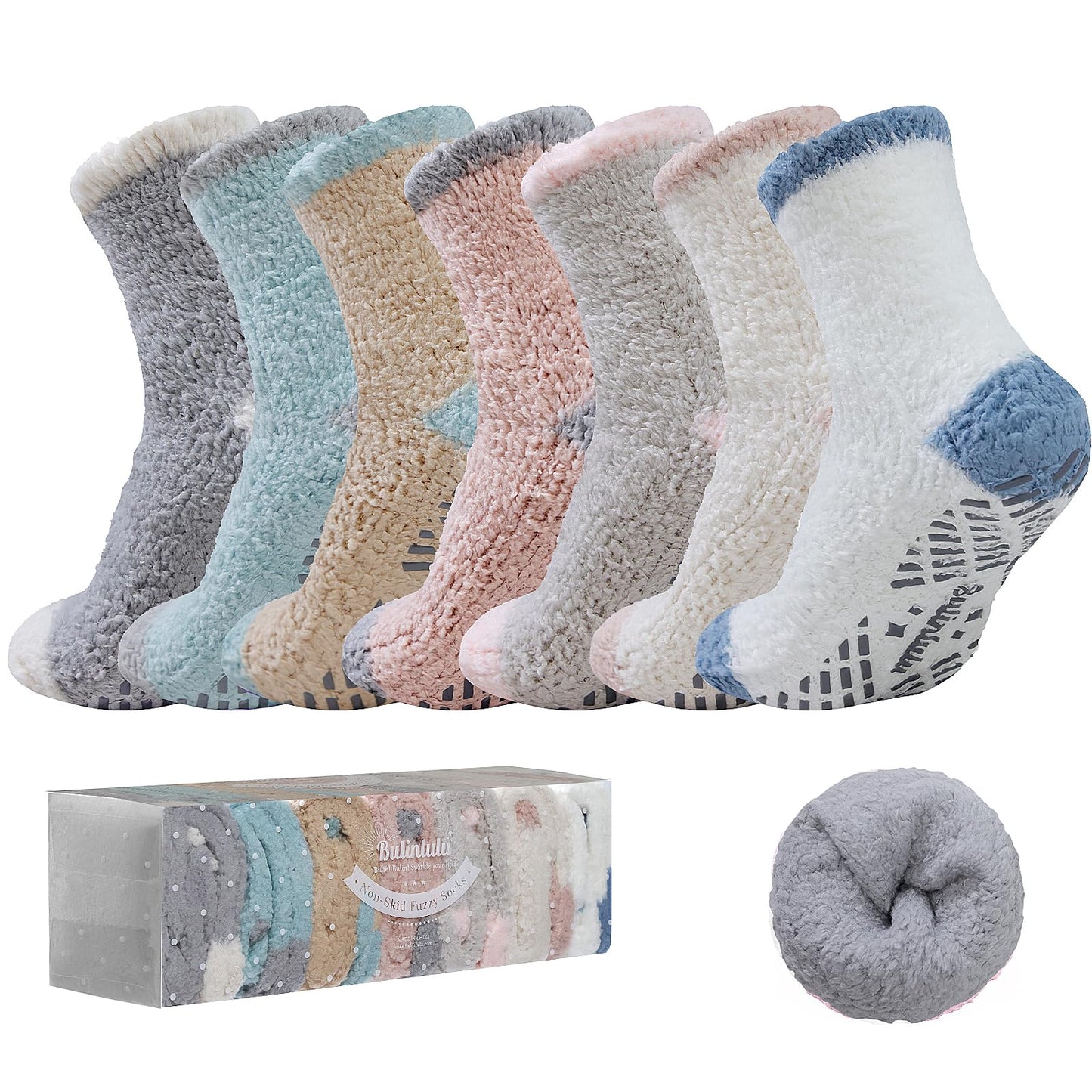 Bulinlulu Fuzzy Socks with Grips Plush Sleep Cozy Winter Soft Hospital Fluffy Socks Gifts for Womens Mens Gifts