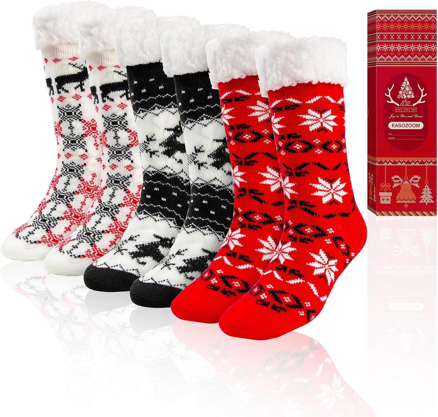 3 Pairs Christmas Fuzzy Warm Slipper Socks for Women,Soft Sherpa Fleece Lining Socks with Grippers Non Slip,One Size