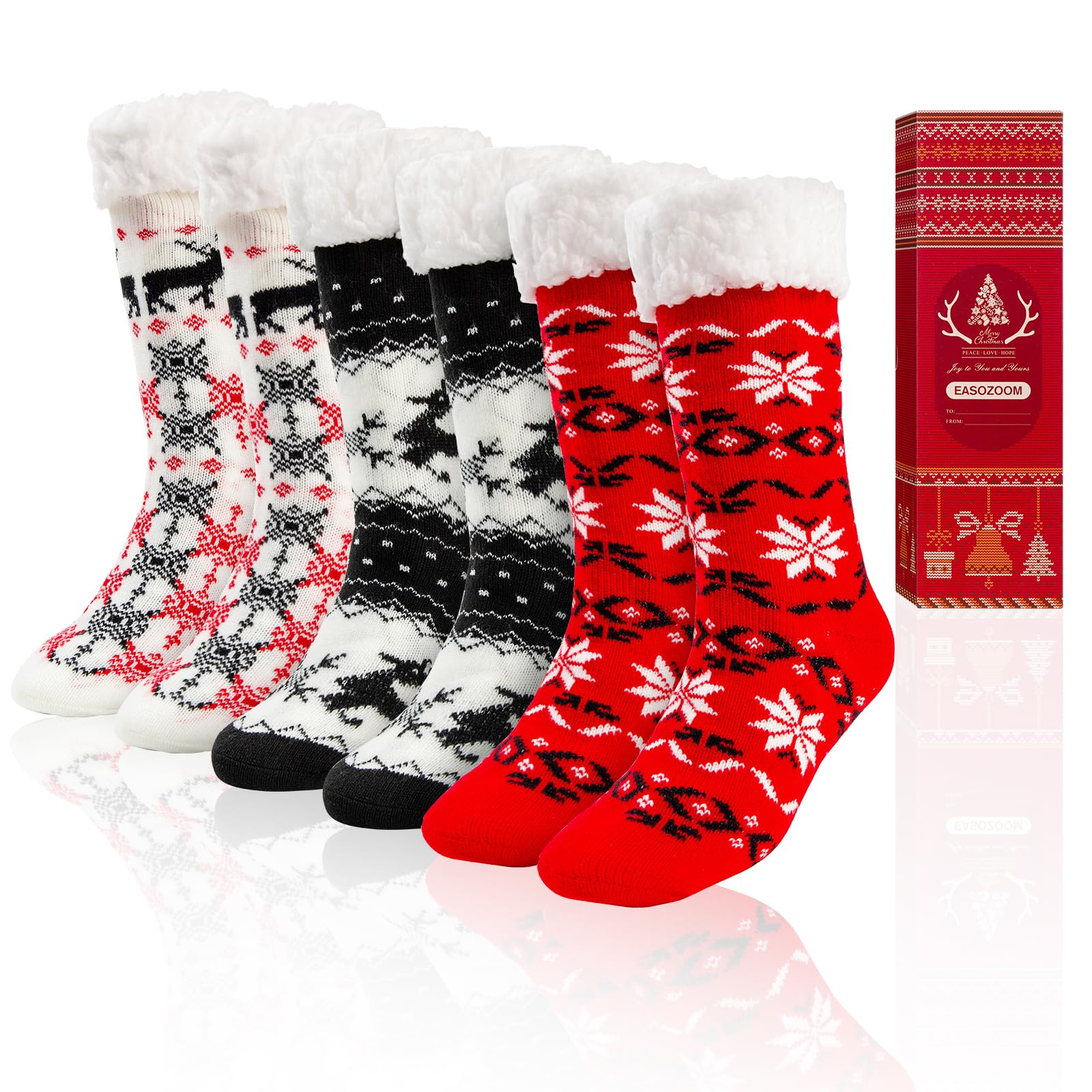 3 Pairs Christmas Fuzzy Warm Slipper Socks for Women,Soft Sherpa Fleece Lining Socks with Grippers Non Slip,One Size