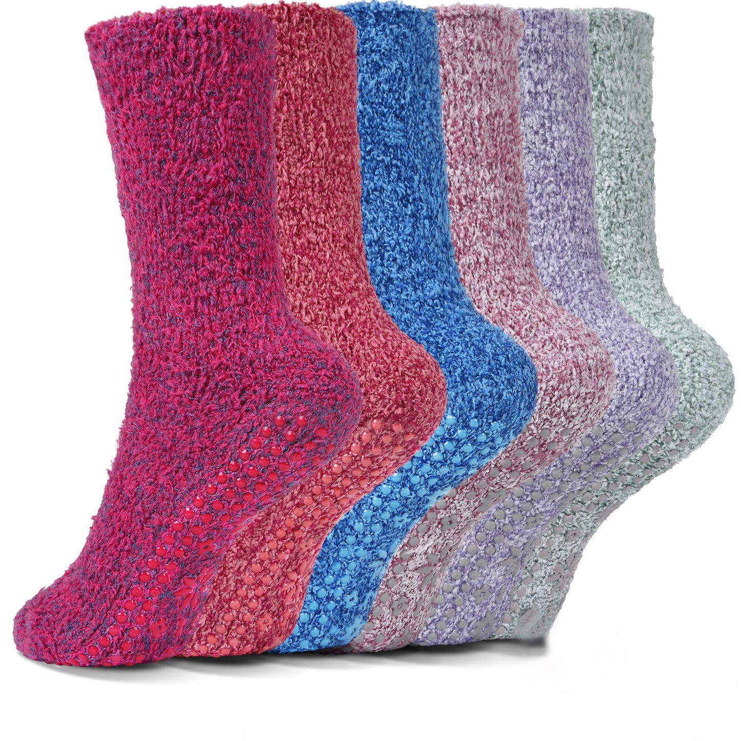 HUGSWEET 6 Pairs Thick Fuzzy Socks with Grip Cozy Non Slip Hospital Socks Home Fluffy Warm Slipper Socks Gifts for Women