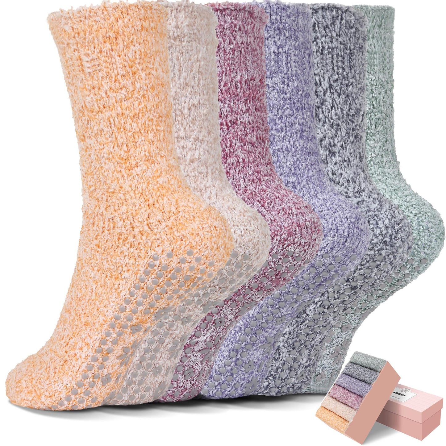 HUGSWEET 6 Pairs Thick Fuzzy Socks with Grip Cozy Non Slip Hospital Socks Home Fluffy Warm Slipper Socks Gifts for Women