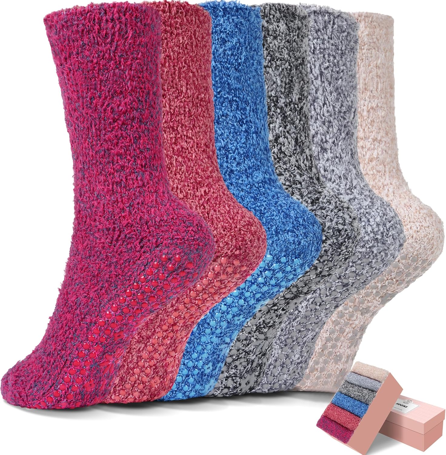 HUGSWEET 6 Pairs Thick Fuzzy Socks with Grip Cozy Non Slip Hospital Socks Home Fluffy Warm Slipper Socks Gifts for Women