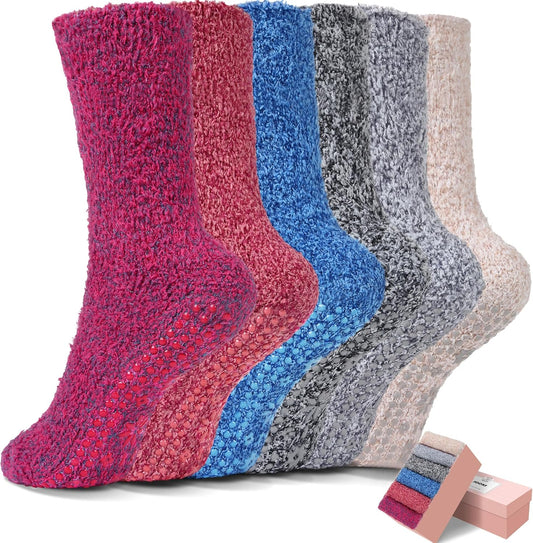 HUGSWEET 6 Pairs Thick Fuzzy Socks with Grip Cozy Non Slip Hospital Socks Home Fluffy Warm Slipper Socks Gifts for Women