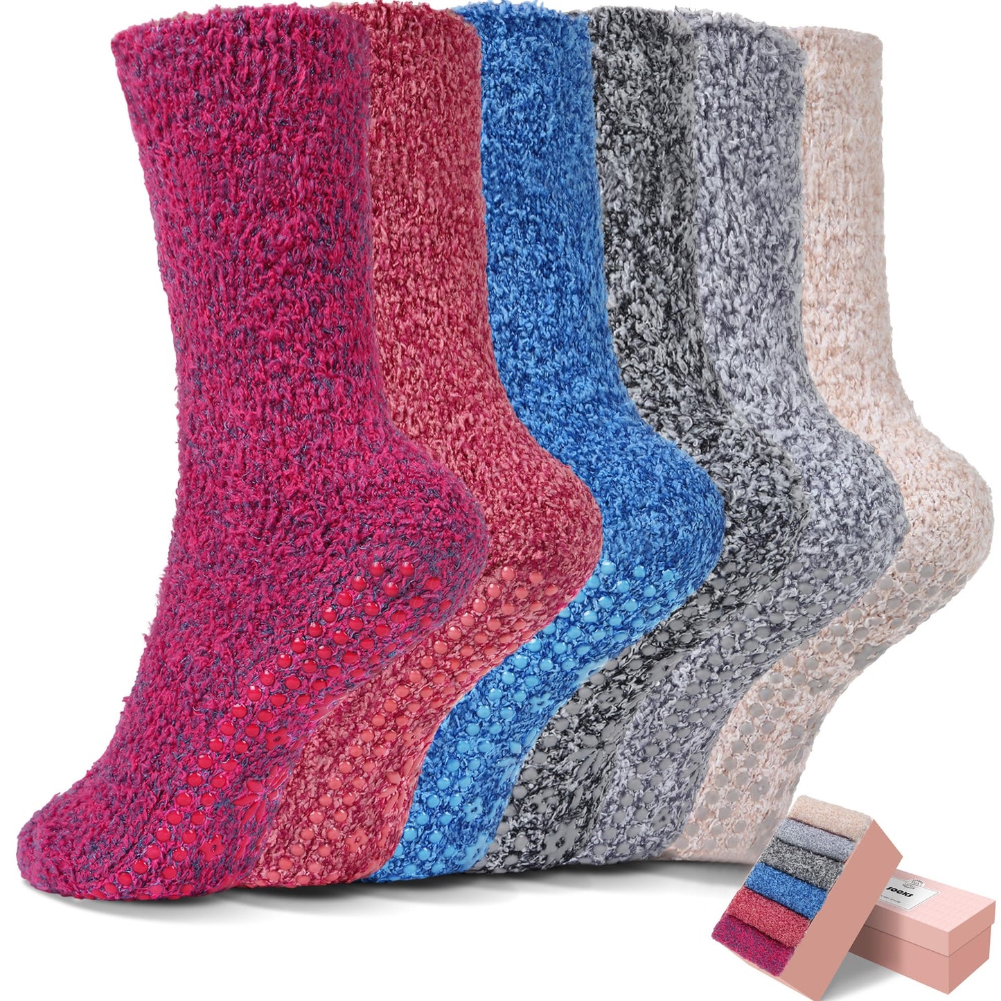 HUGSWEET 6 Pairs Thick Fuzzy Socks with Grip Cozy Non Slip Hospital Socks Home Fluffy Warm Slipper Socks Gifts for Women