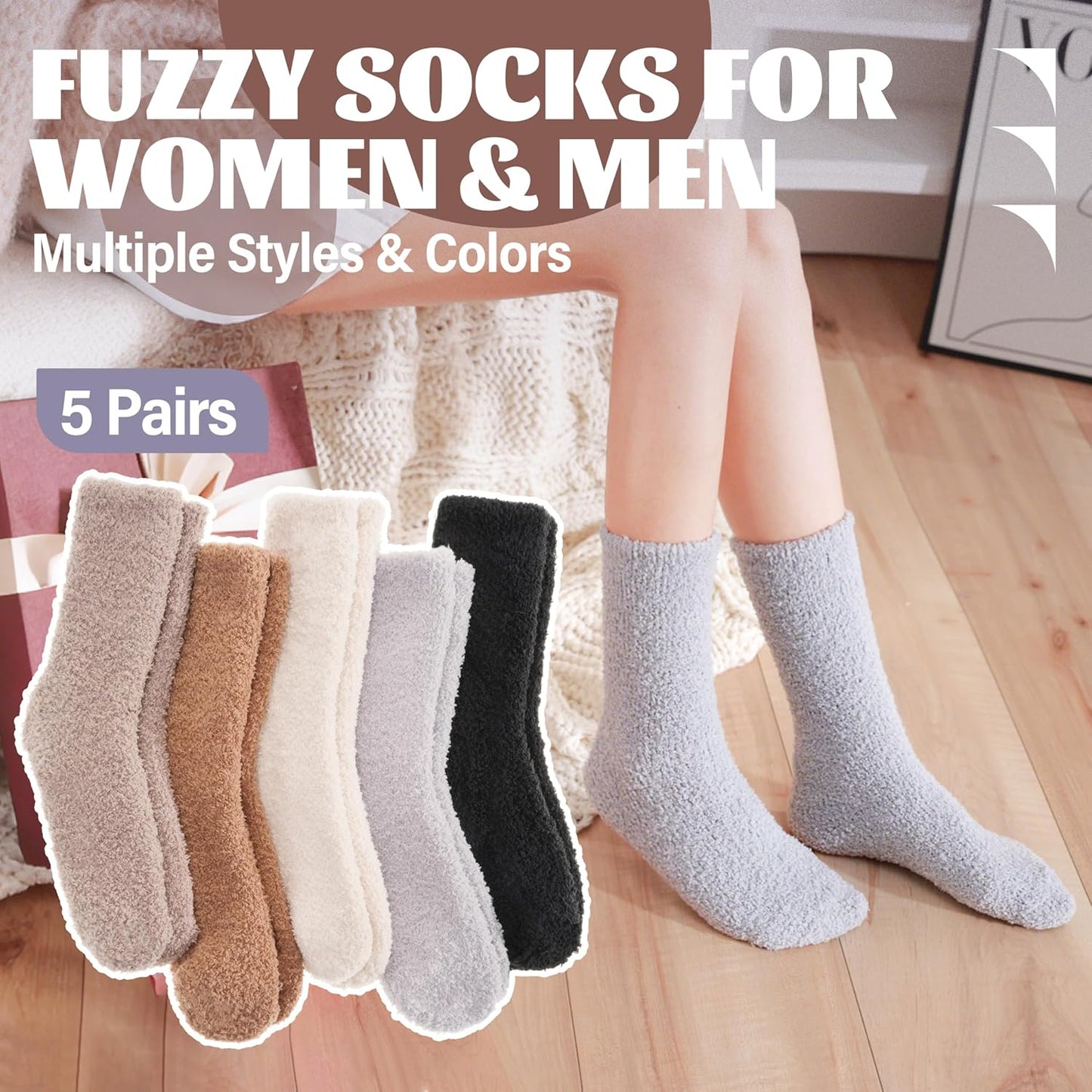 ANTSANG Fuzzy Socks for Women Men Slipper Fluffy Cozy Warm Winter Thick Plush Crew Socks 5 Pairs